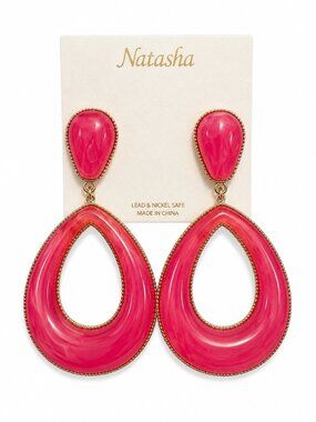 Natasha Couture Hot Pink Open Teardrop Earrings with Gold Trim - NWT